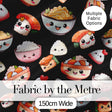 Cute Kawaii Sushi Rice Noodles Bowl Food Black Seamless Pattern Digital Print Fabric by the Metre UK Sewing Quilting Textile