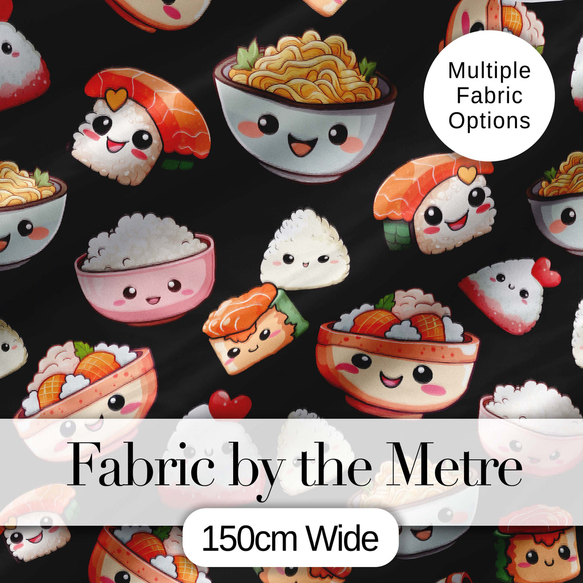Cute Kawaii Sushi Rice Noodles Bowl Food Black Seamless Pattern Digital Print Fabric by the Metre UK Sewing Quilting Textile