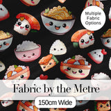 Cute Kawaii Sushi Rice Noodles Bowl Food Black Seamless Pattern Digital Print Fabric by the Metre UK Sewing Quilting Textile