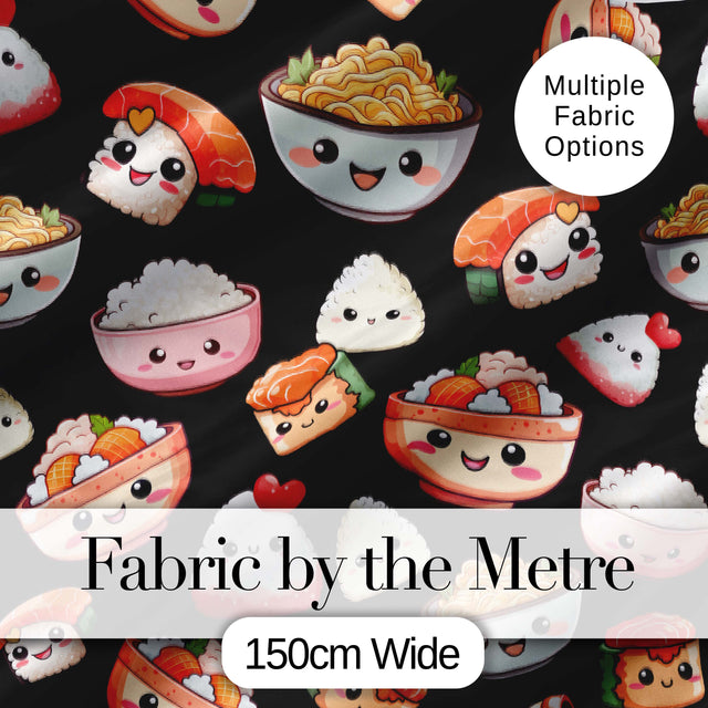Cute Kawaii Sushi Rice Noodles Bowl Food Black Seamless Pattern Digital Print Fabric by the Metre UK Sewing Quilting Textile