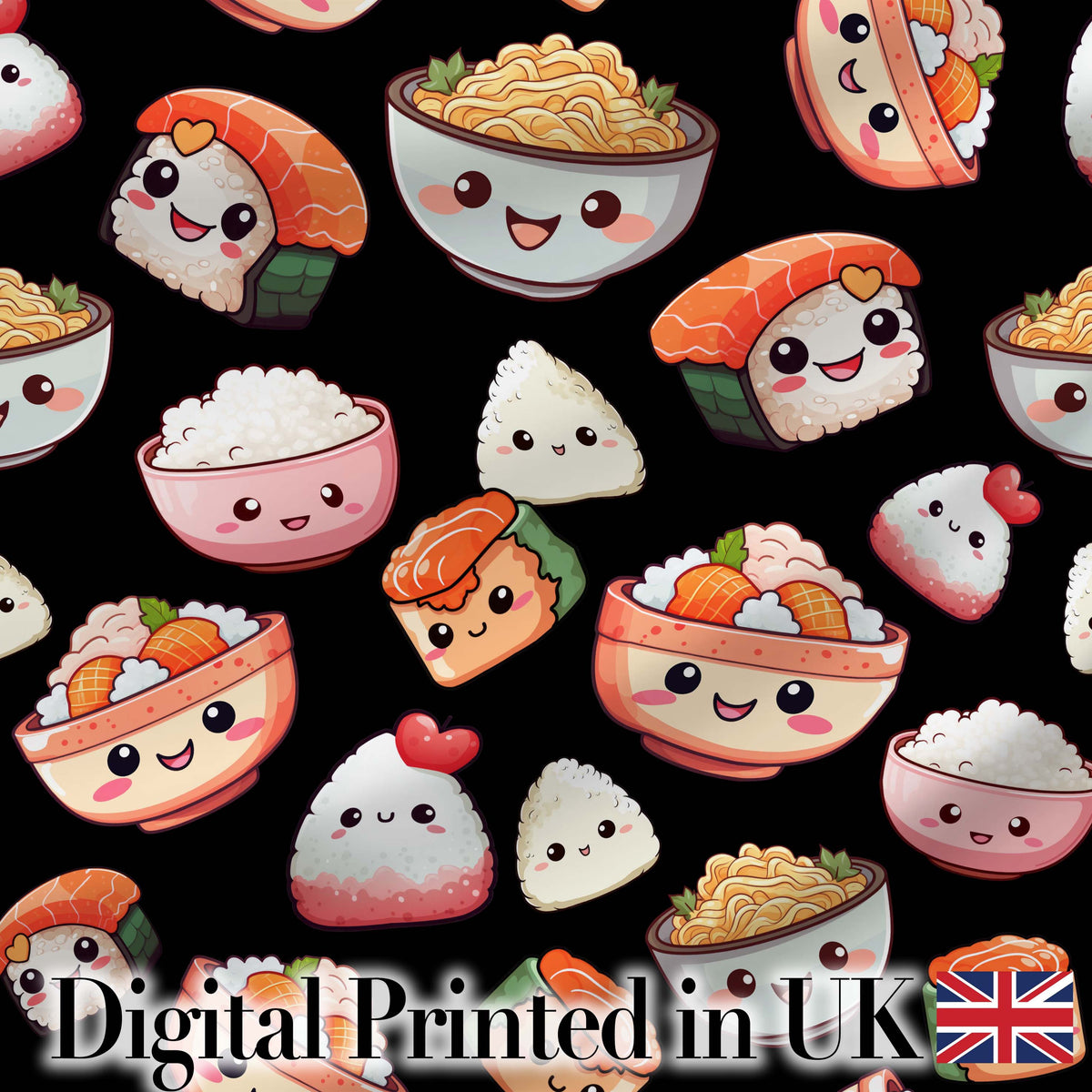 Cute Kawaii Sushi Rice Noodles Bowl Food Black Seamless Pattern Digital Print Fabric by the Metre UK Sewing Quilting Textile
