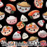 Cute Kawaii Sushi Rice Noodles Bowl Food Black Seamless Pattern Digital Print Fabric by the Metre UK Sewing Quilting Textile