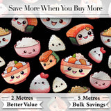 Cute Kawaii Sushi Rice Noodles Bowl Food Black Seamless Pattern Digital Print Fabric by the Metre UK Sewing Quilting Textile
