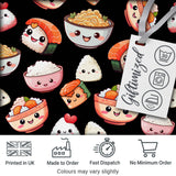 Cute Kawaii Sushi Rice Noodles Bowl Food Black Seamless Pattern Digital Print Fabric by the Metre UK Sewing Quilting Textile