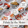 Kawaii Sushi Rice Bowls and Noodles Characters White  Seamless Pattern Digital Print Fabric by the Metre UK Sewing Quilting Textile