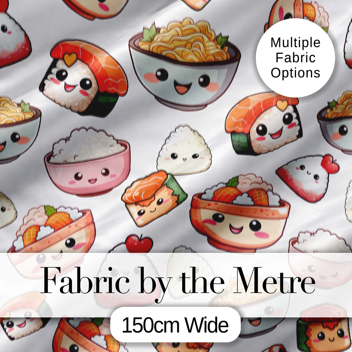 Kawaii Sushi Rice Bowls and Noodles Characters White  Seamless Pattern Digital Print Fabric by the Metre UK Sewing Quilting Textile