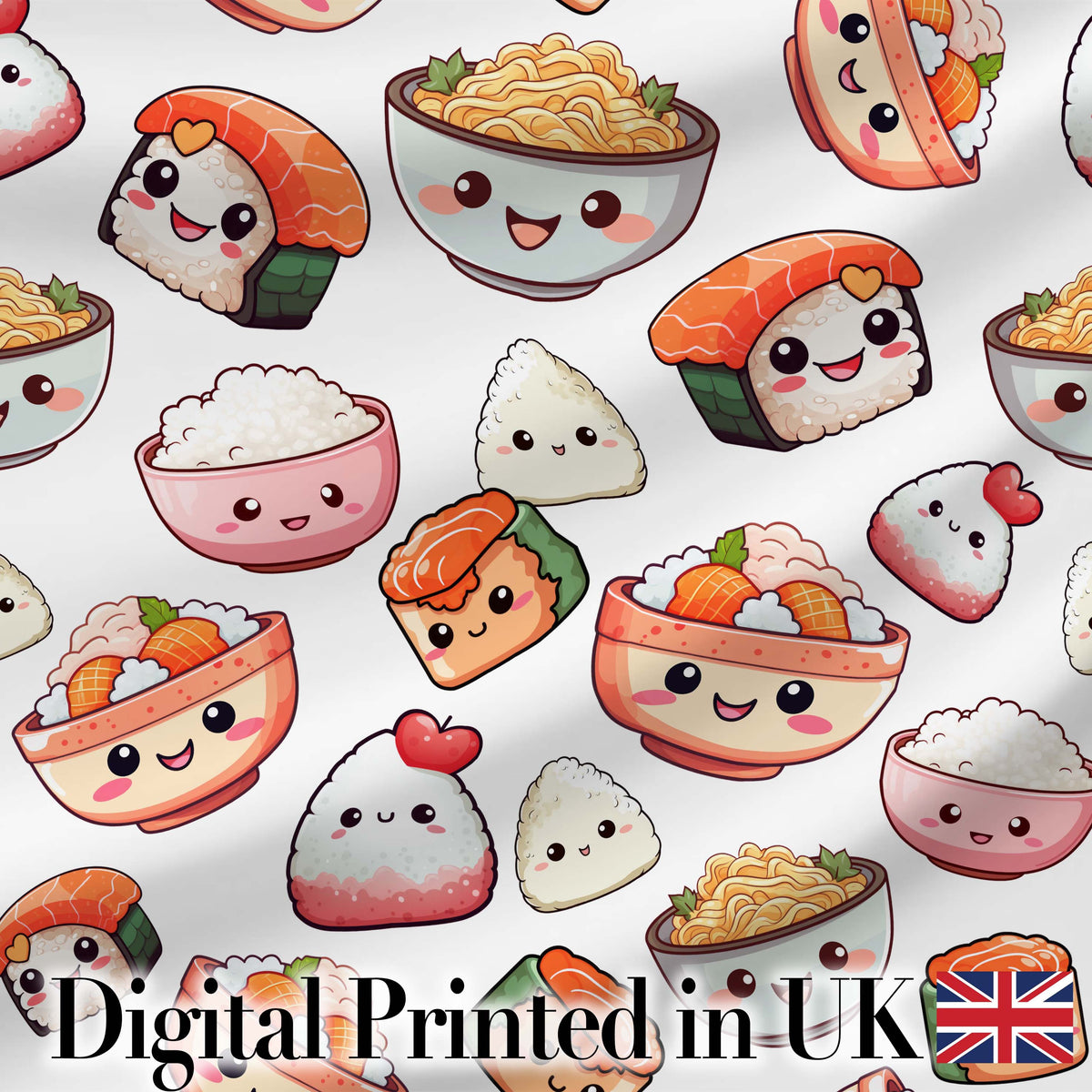 Kawaii Sushi Rice Bowls and Noodles Characters White  Seamless Pattern Digital Print Fabric by the Metre UK Sewing Quilting Textile