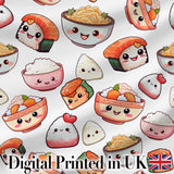 Kawaii Sushi Rice Bowls and Noodles Characters White  Seamless Pattern Digital Print Fabric by the Metre UK Sewing Quilting Textile