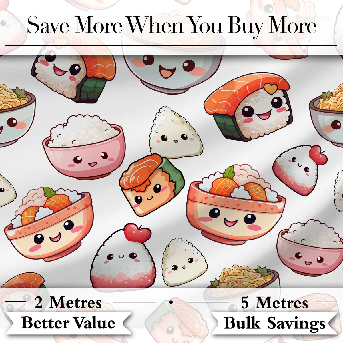 Kawaii Sushi Rice Bowls and Noodles Characters White  Seamless Pattern Digital Print Fabric by the Metre UK Sewing Quilting Textile