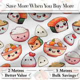 Kawaii Sushi Rice Bowls and Noodles Characters White  Seamless Pattern Digital Print Fabric by the Metre UK Sewing Quilting Textile