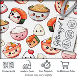 Kawaii Sushi Rice Bowls and Noodles Characters White  Seamless Pattern Digital Print Fabric by the Metre UK Sewing Quilting Textile