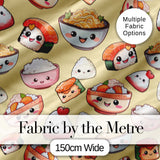 Kawaii Sushi Rice Bowls and Noodles Characters Yellow  Seamless Pattern Digital Print Fabric by the Metre UK Sewing Quilting Textile