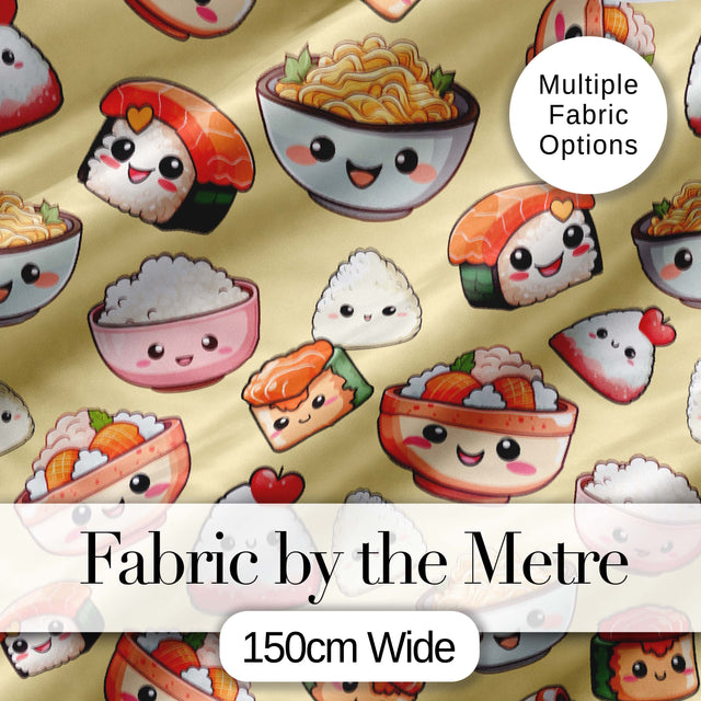 Kawaii Sushi Rice Bowls and Noodles Characters Yellow  Seamless Pattern Digital Print Fabric by the Metre UK Sewing Quilting Textile