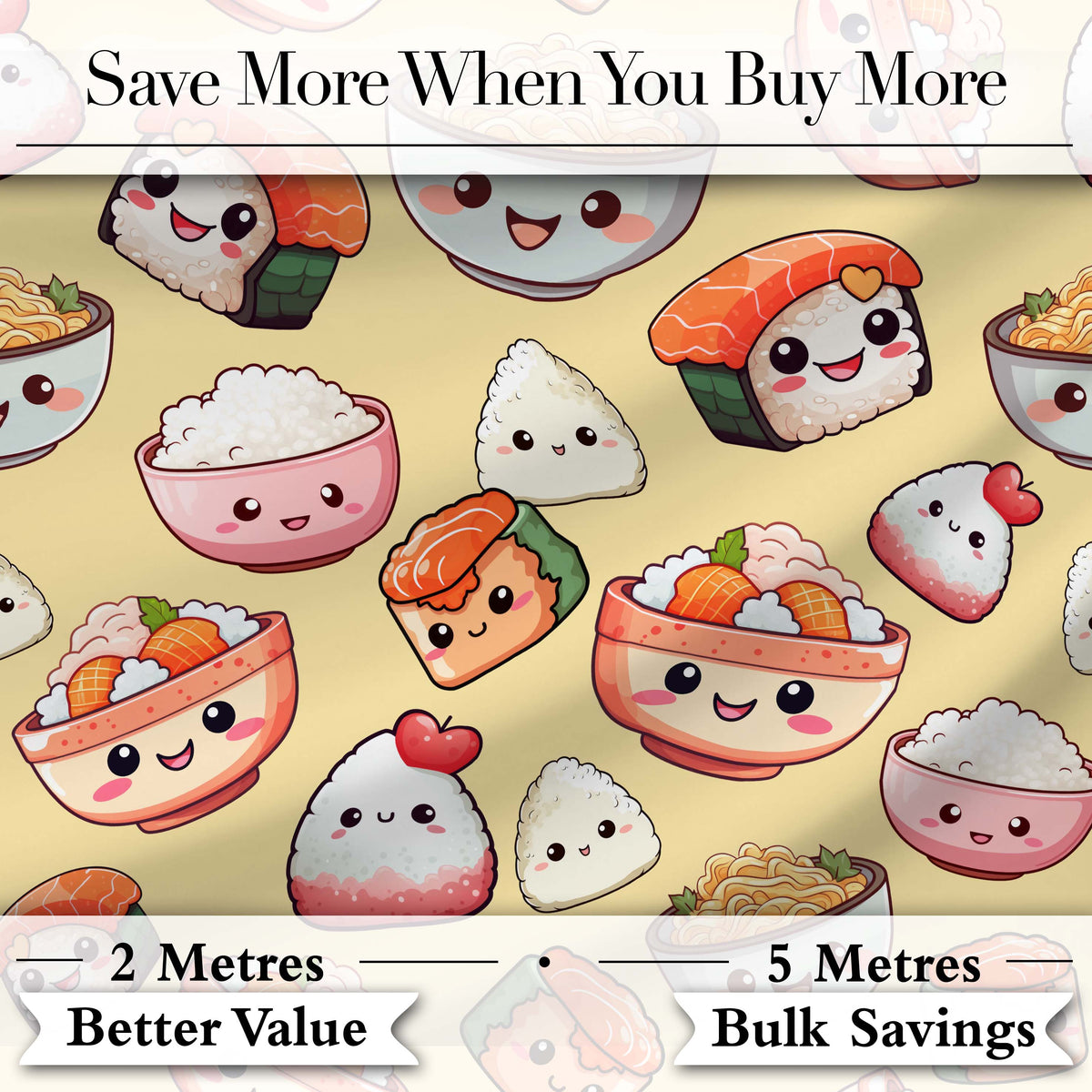 Kawaii Sushi Rice Bowls and Noodles Characters Yellow  Seamless Pattern Digital Print Fabric by the Metre UK Sewing Quilting Textile
