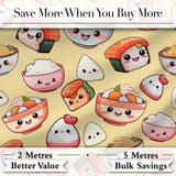 Kawaii Sushi Rice Bowls and Noodles Characters Yellow  Seamless Pattern Digital Print Fabric by the Metre UK Sewing Quilting Textile
