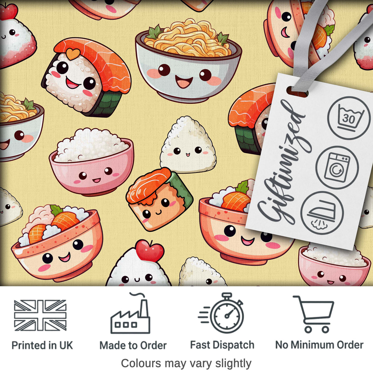 Kawaii Sushi Rice Bowls and Noodles Characters Yellow  Seamless Pattern Digital Print Fabric by the Metre UK Sewing Quilting Textile