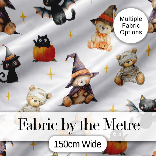 Cute Halloween Teddy Bears Witch Pumpkin and Bats Seamless Pattern Digital Print Fabric by the Metre UK Sewing Quilting Textile