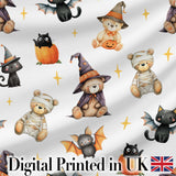 Cute Halloween Teddy Bears Witch Pumpkin and Bats Seamless Pattern Digital Print Fabric by the Metre UK Sewing Quilting Textile