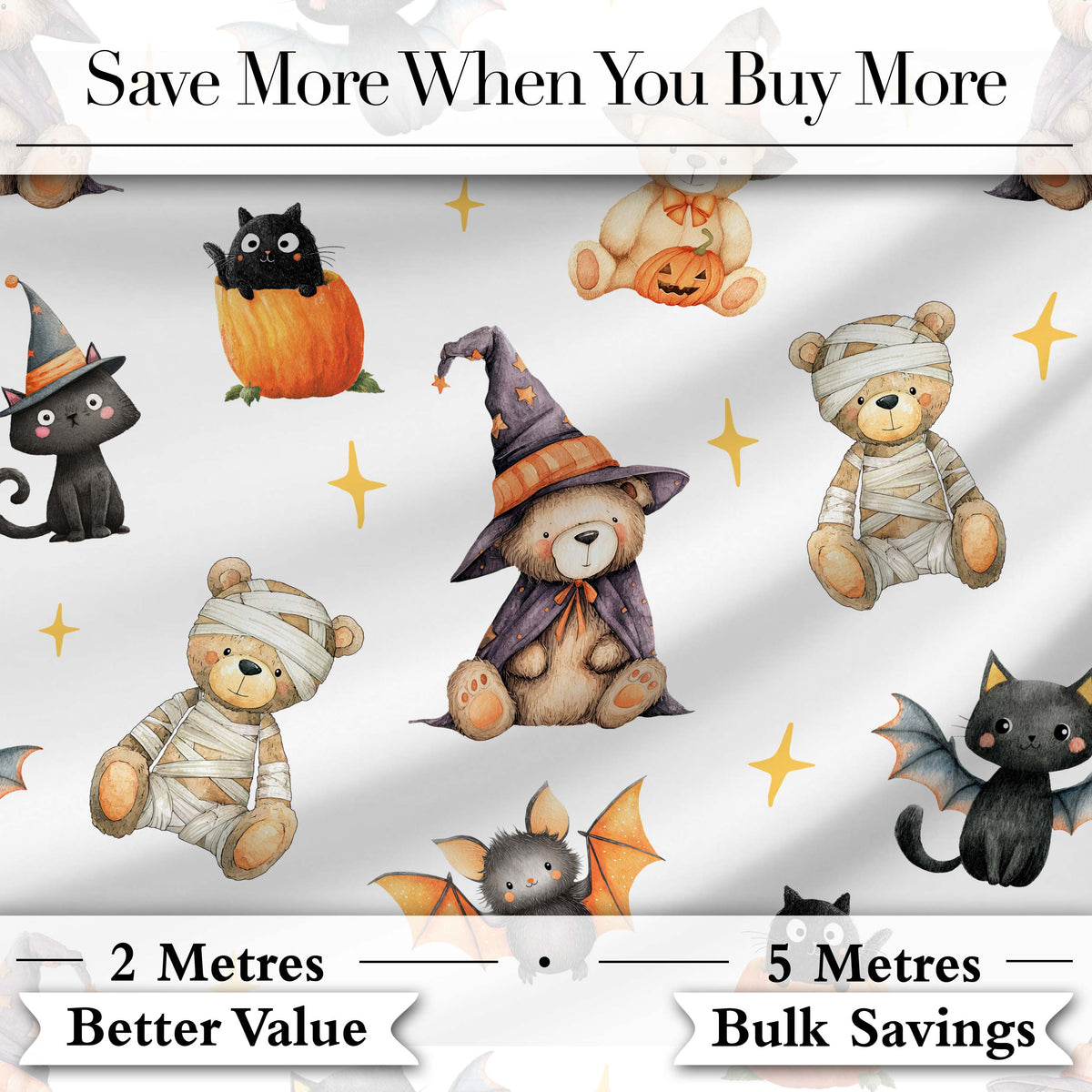 Cute Halloween Teddy Bears Witch Pumpkin and Bats Seamless Pattern Digital Print Fabric by the Metre UK Sewing Quilting Textile