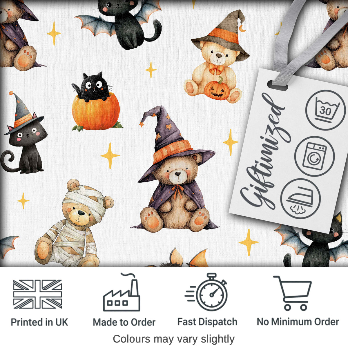 Cute Halloween Teddy Bears Witch Pumpkin and Bats Seamless Pattern Digital Print Fabric by the Metre UK Sewing Quilting Textile