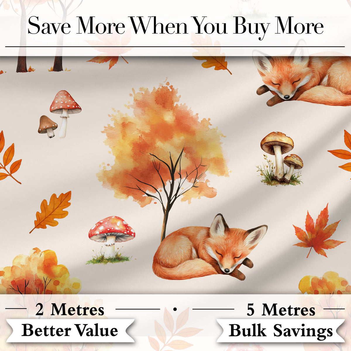 Cute Autumn Fox Leaves Mushrooms Watercolor Neutral Seamless Pattern Digital Print Fabric by the Metre UK Sewing Quilting Textile
