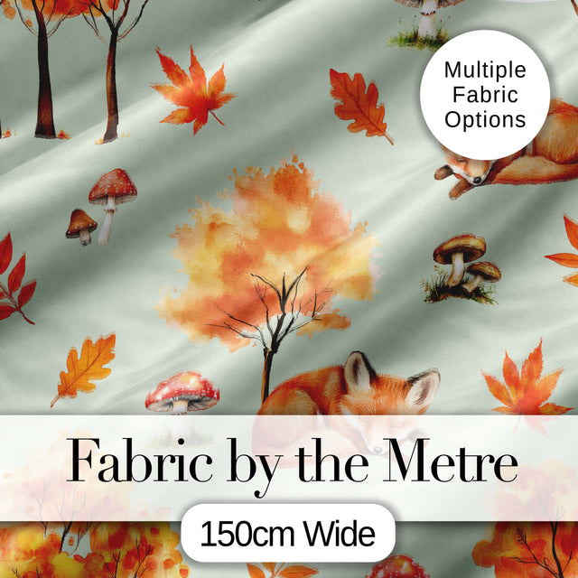 Cute Autumn Fox Leaves Mushrooms Watercolor Sage Green Seamless Pattern Digital Print Fabric by the Metre UK Sewing Quilting Textile
