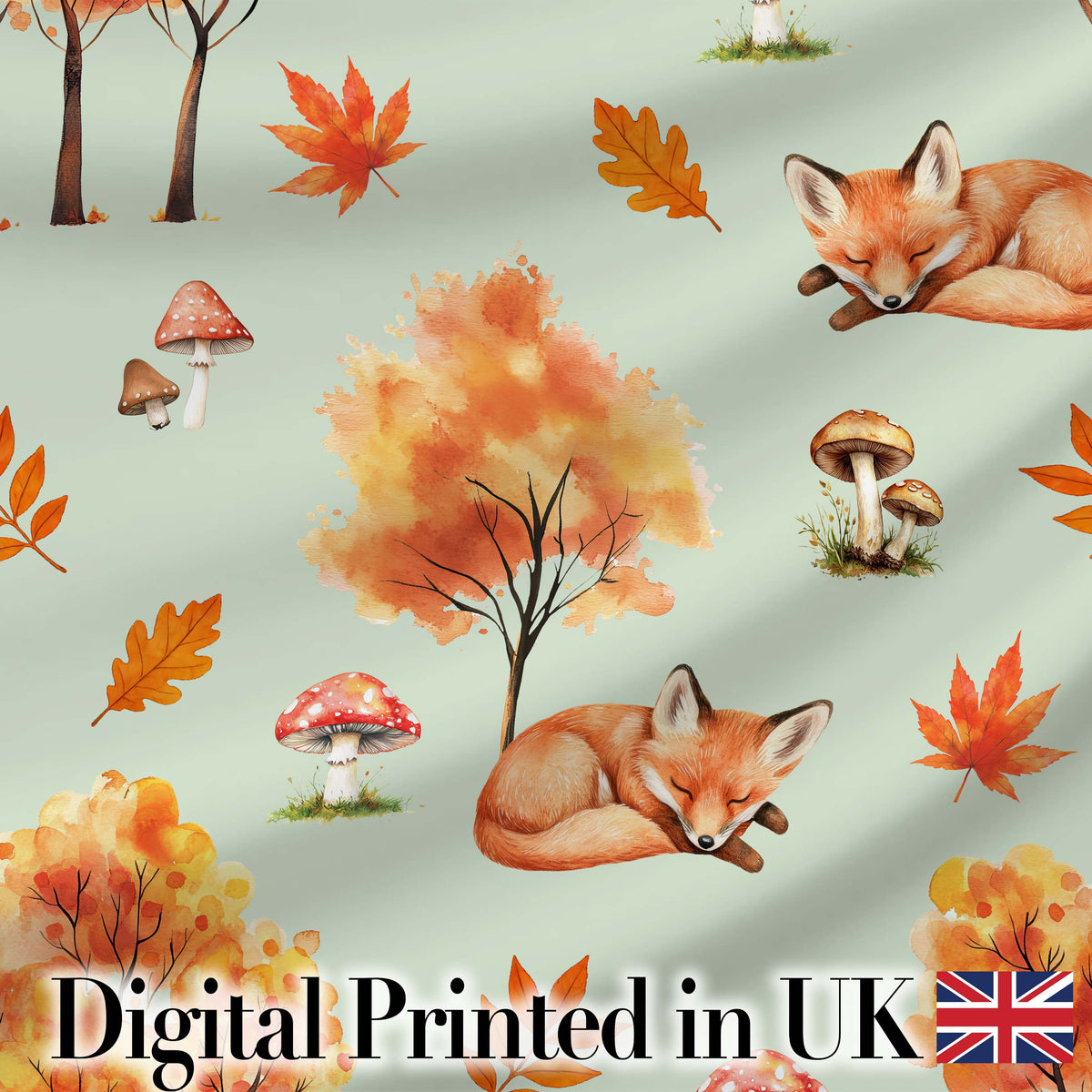 Cute Autumn Fox Leaves Mushrooms Watercolor Sage Green Seamless Pattern Digital Print Fabric by the Metre UK Sewing Quilting Textile