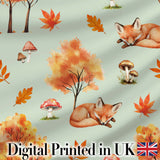 Cute Autumn Fox Leaves Mushrooms Watercolor Sage Green Seamless Pattern Digital Print Fabric by the Metre UK Sewing Quilting Textile