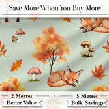 Cute Autumn Fox Leaves Mushrooms Watercolor Sage Green Seamless Pattern Digital Print Fabric by the Metre UK Sewing Quilting Textile