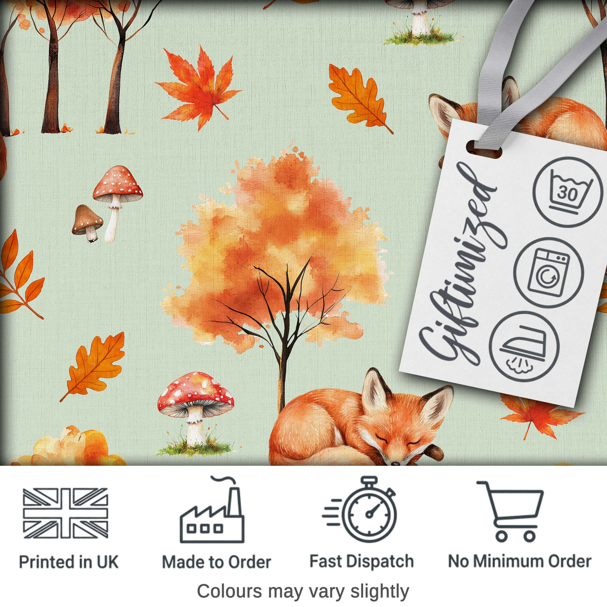 Cute Autumn Fox Leaves Mushrooms Watercolor Sage Green Seamless Pattern Digital Print Fabric by the Metre UK Sewing Quilting Textile