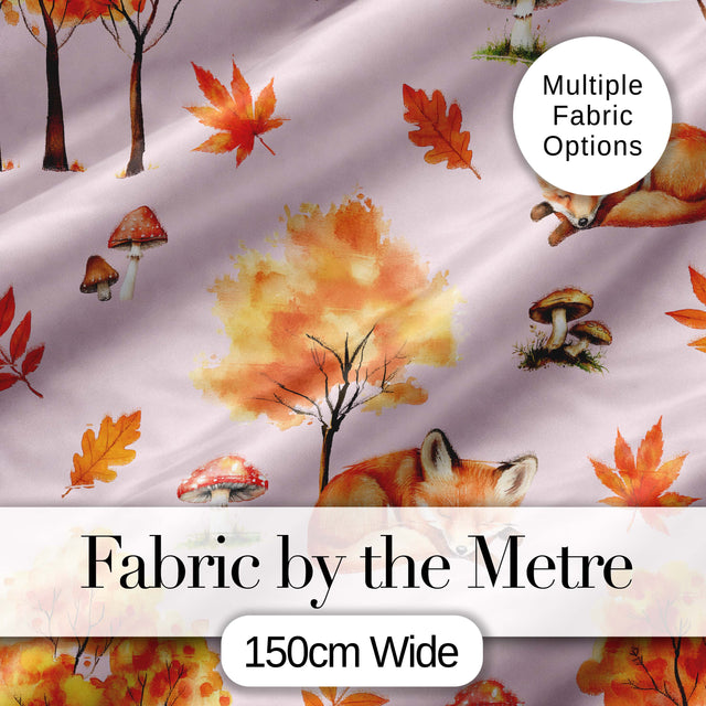 Cute Autumn Fox Leaves Mushrooms Watercolor Soft Pink Seamless Pattern Digital Print Fabric by the Metre UK Sewing Quilting Textile