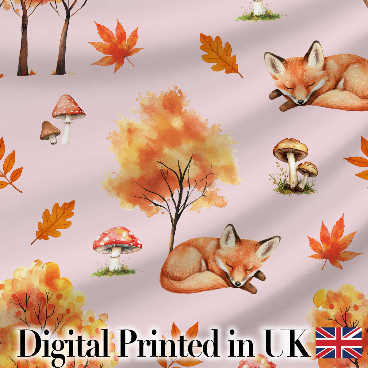 Cute Autumn Fox Leaves Mushrooms Watercolor Soft Pink Seamless Pattern Digital Print Fabric by the Metre UK Sewing Quilting Textile