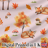 Cute Autumn Fox Leaves Mushrooms Watercolor Soft Pink Seamless Pattern Digital Print Fabric by the Metre UK Sewing Quilting Textile