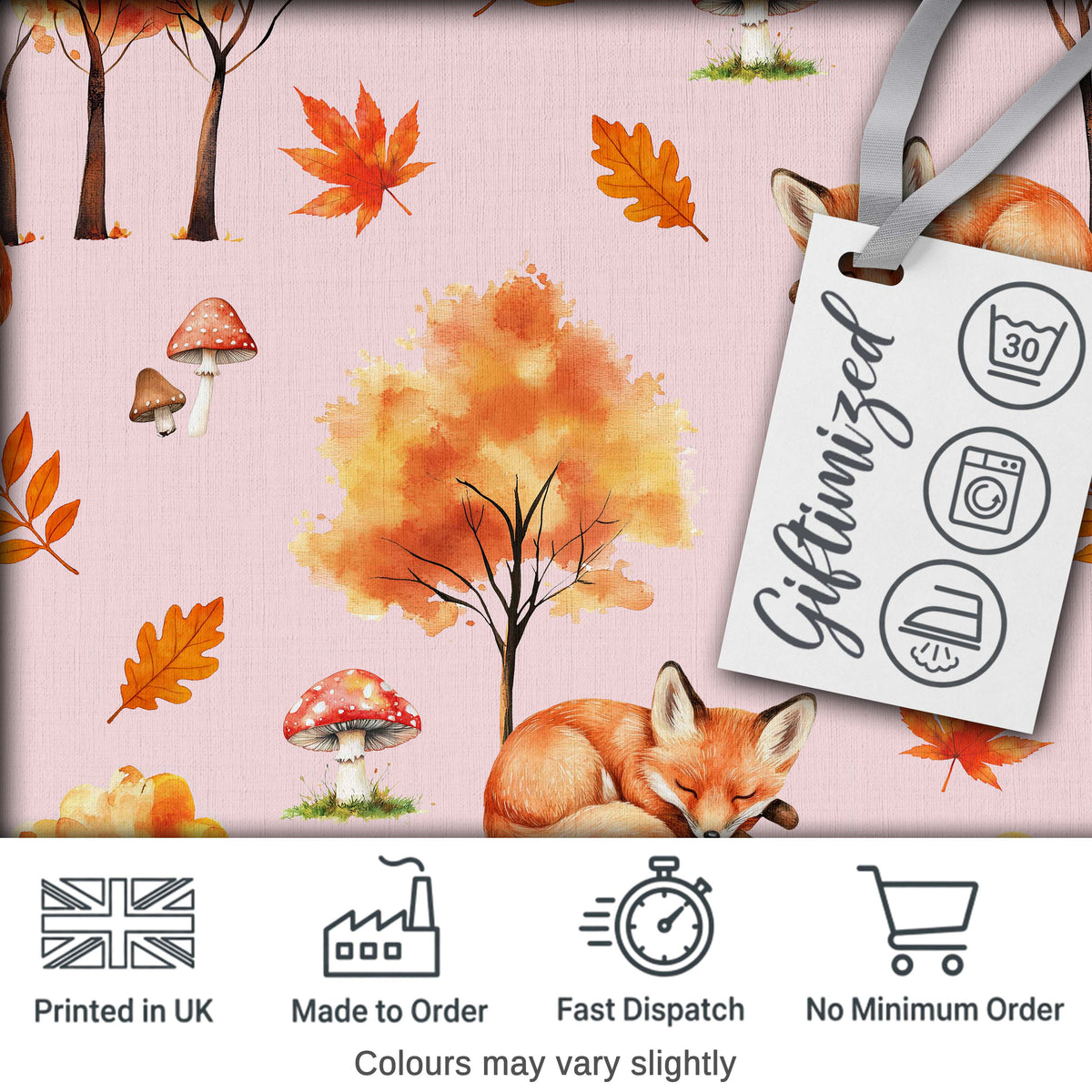 Cute Autumn Fox Leaves Mushrooms Watercolor Soft Pink Seamless Pattern Digital Print Fabric by the Metre UK Sewing Quilting Textile