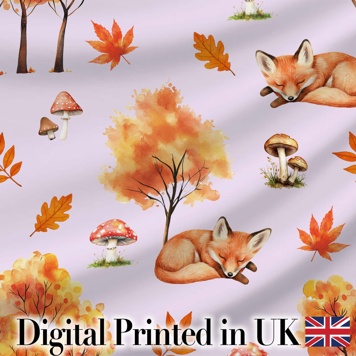 Cute Autumn Fox Leaves Mushrooms Watercolor Neutral Cream Seamless Pattern Digital Print Fabric by the Metre UK Sewing Quilting Textile