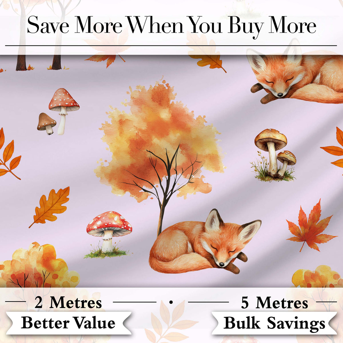 Cute Autumn Fox Leaves Mushrooms Watercolor Neutral Cream Seamless Pattern Digital Print Fabric by the Metre UK Sewing Quilting Textile