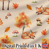Cute Autumn Fox Leaves Mushrooms Watercolor Warm Beige Seamless Pattern Digital Print Fabric by the Metre UK Sewing Quilting Textile