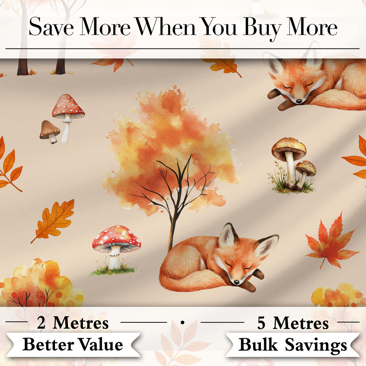 Cute Autumn Fox Leaves Mushrooms Watercolor Warm Beige Seamless Pattern Digital Print Fabric by the Metre UK Sewing Quilting Textile