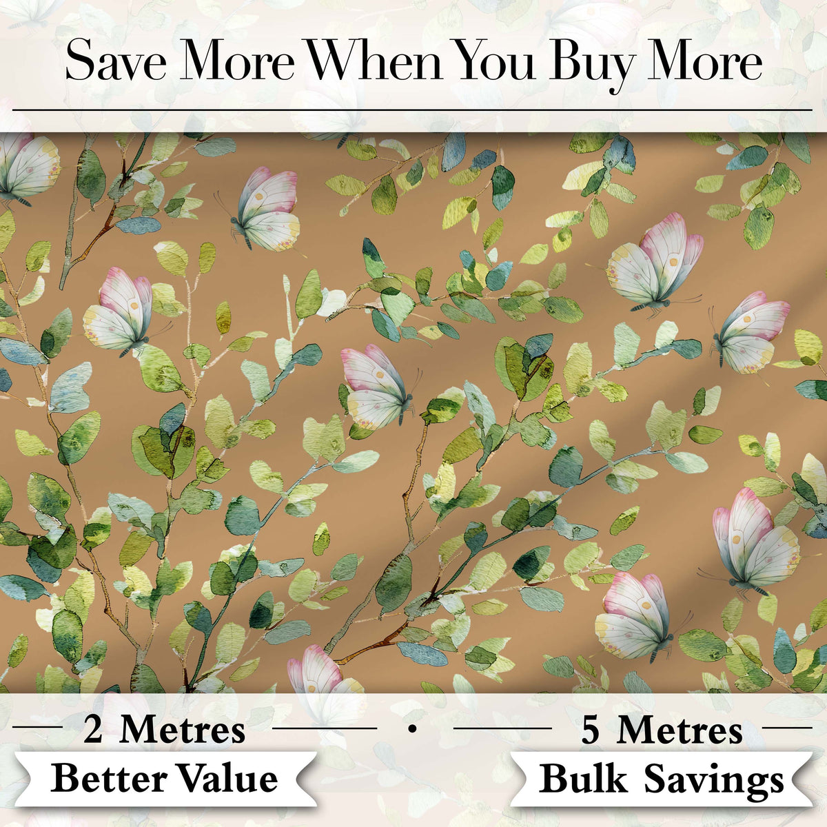 Elegant Watercolor Butterflies and Green Leaves on Warm Tan  Seamless Pattern Digital Print Fabric by the Metre UK Sewing Quilting Textile
