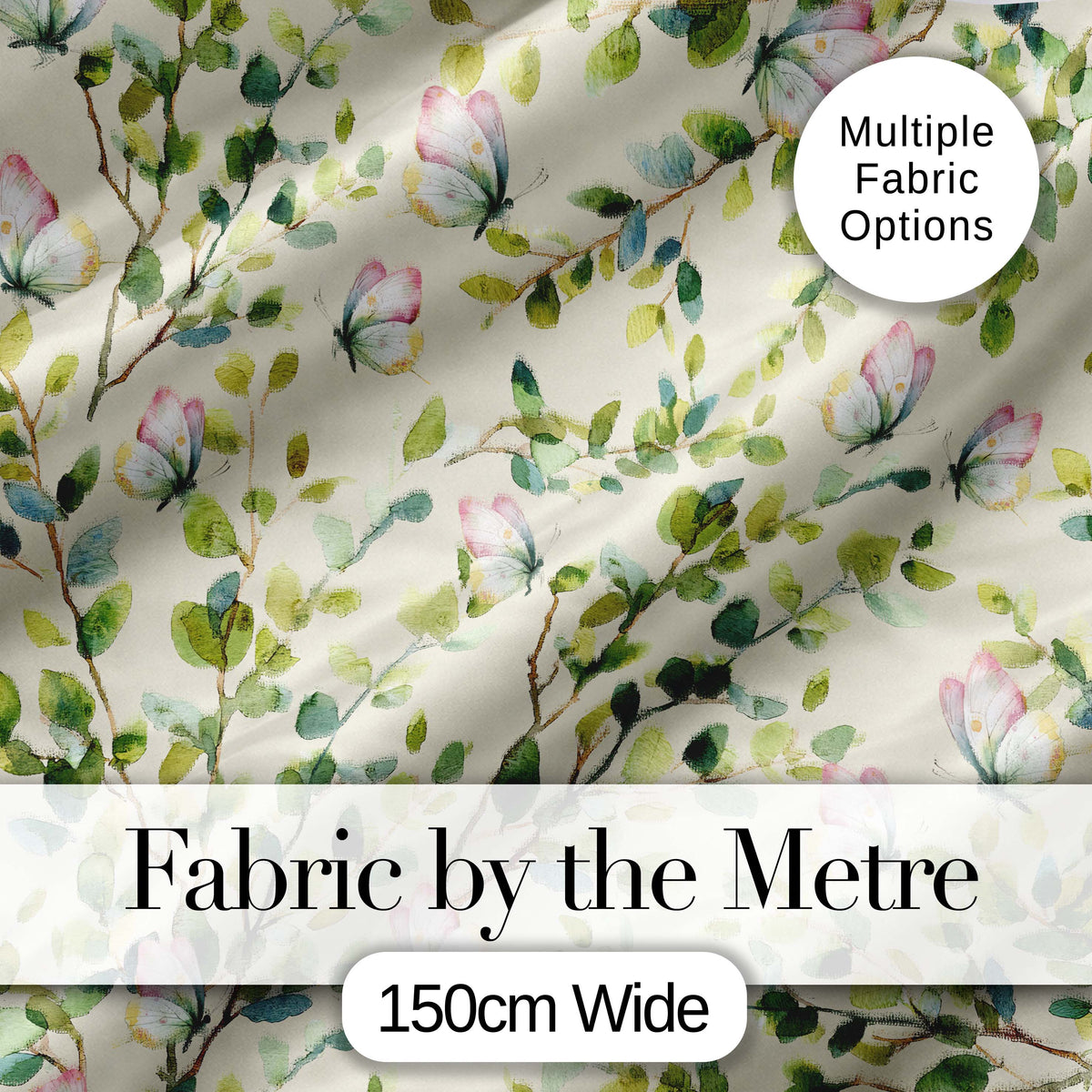 Elegant Watercolor Butterflies and Green Leaves on Soft Cream  Seamless Pattern Digital Print Fabric by the Metre UK Sewing Quilting Textile