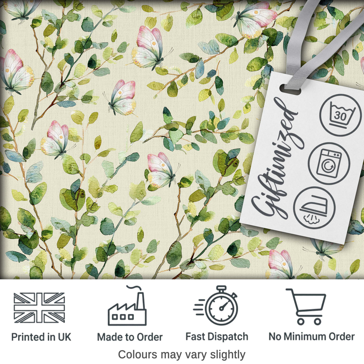 Elegant Watercolor Butterflies and Green Leaves on Soft Cream  Seamless Pattern Digital Print Fabric by the Metre UK Sewing Quilting Textile