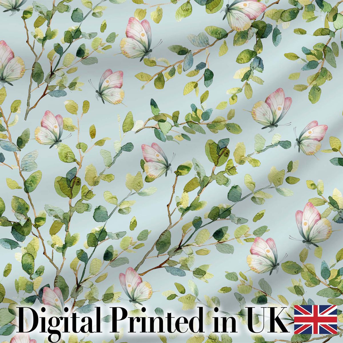 Elegant Watercolor Butterflies and Green Leaves on Light Blue  Seamless Pattern Digital Print Fabric by the Metre UK Sewing Quilting Textile
