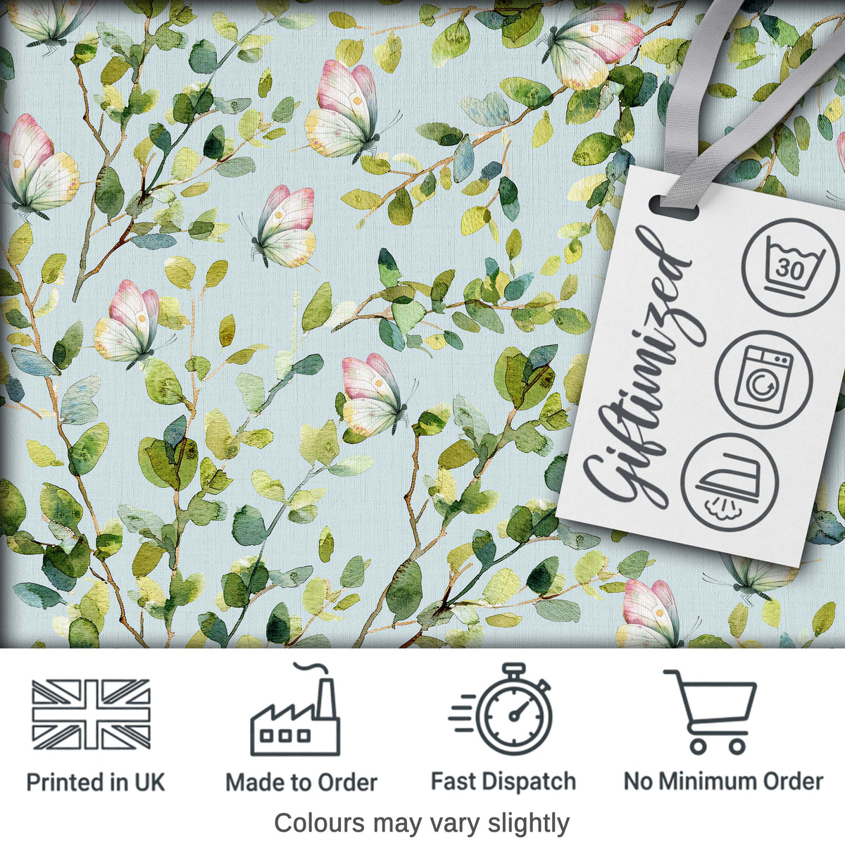 Elegant Watercolor Butterflies and Green Leaves on Light Blue  Seamless Pattern Digital Print Fabric by the Metre UK Sewing Quilting Textile