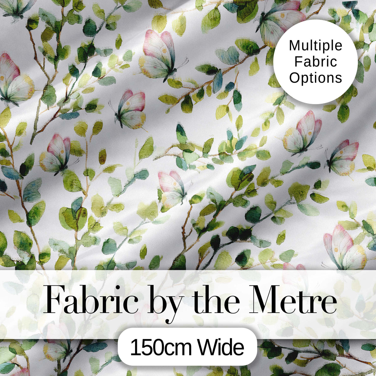 Watercolor Butterflies and Green Leaves on Soft Grey  Seamless Pattern Digital Print Fabric by the Metre UK Sewing Quilting Textile