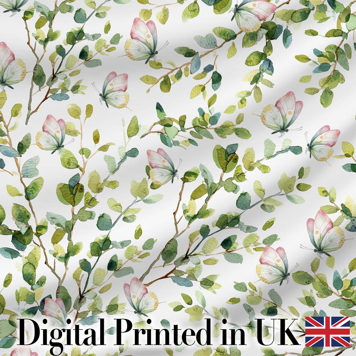 Watercolor Butterflies and Green Leaves on Soft Grey  Seamless Pattern Digital Print Fabric by the Metre UK Sewing Quilting Textile