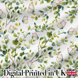 Watercolor Butterflies and Green Leaves on Soft Grey  Seamless Pattern Digital Print Fabric by the Metre UK Sewing Quilting Textile