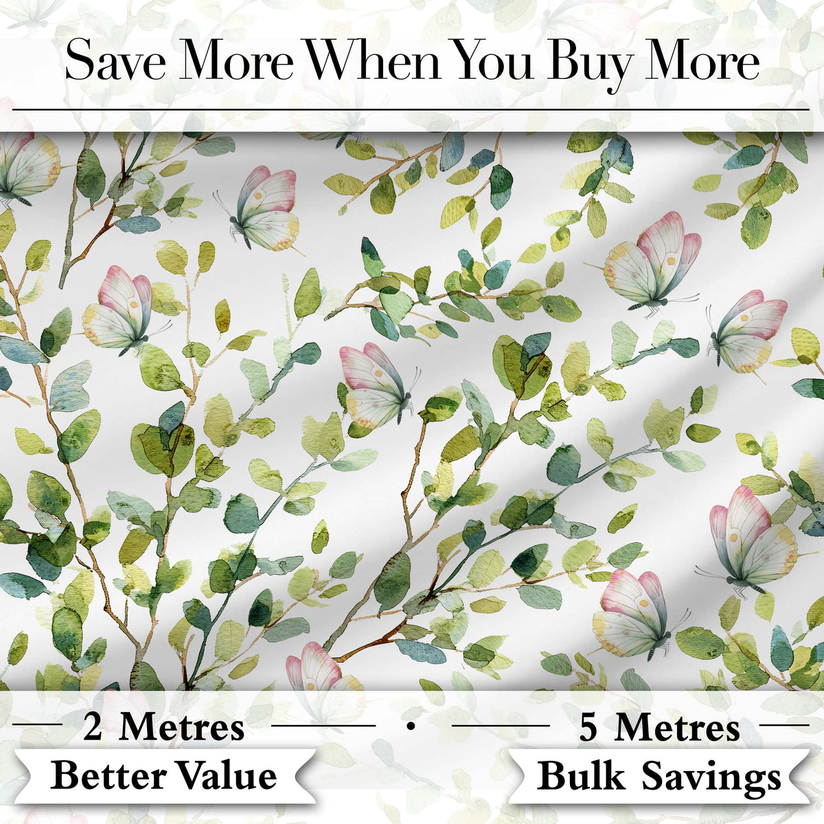 Watercolor Butterflies and Green Leaves on Soft Grey  Seamless Pattern Digital Print Fabric by the Metre UK Sewing Quilting Textile