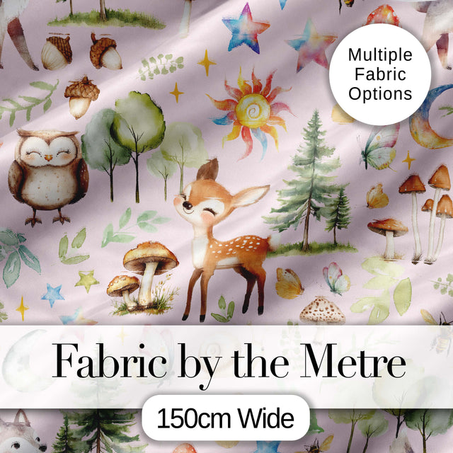 Woodland Deer Owl Mushrooms and Stars on Blush Pink  Seamless Pattern Digital Print Fabric by the Metre UK Sewing Quilting Textile