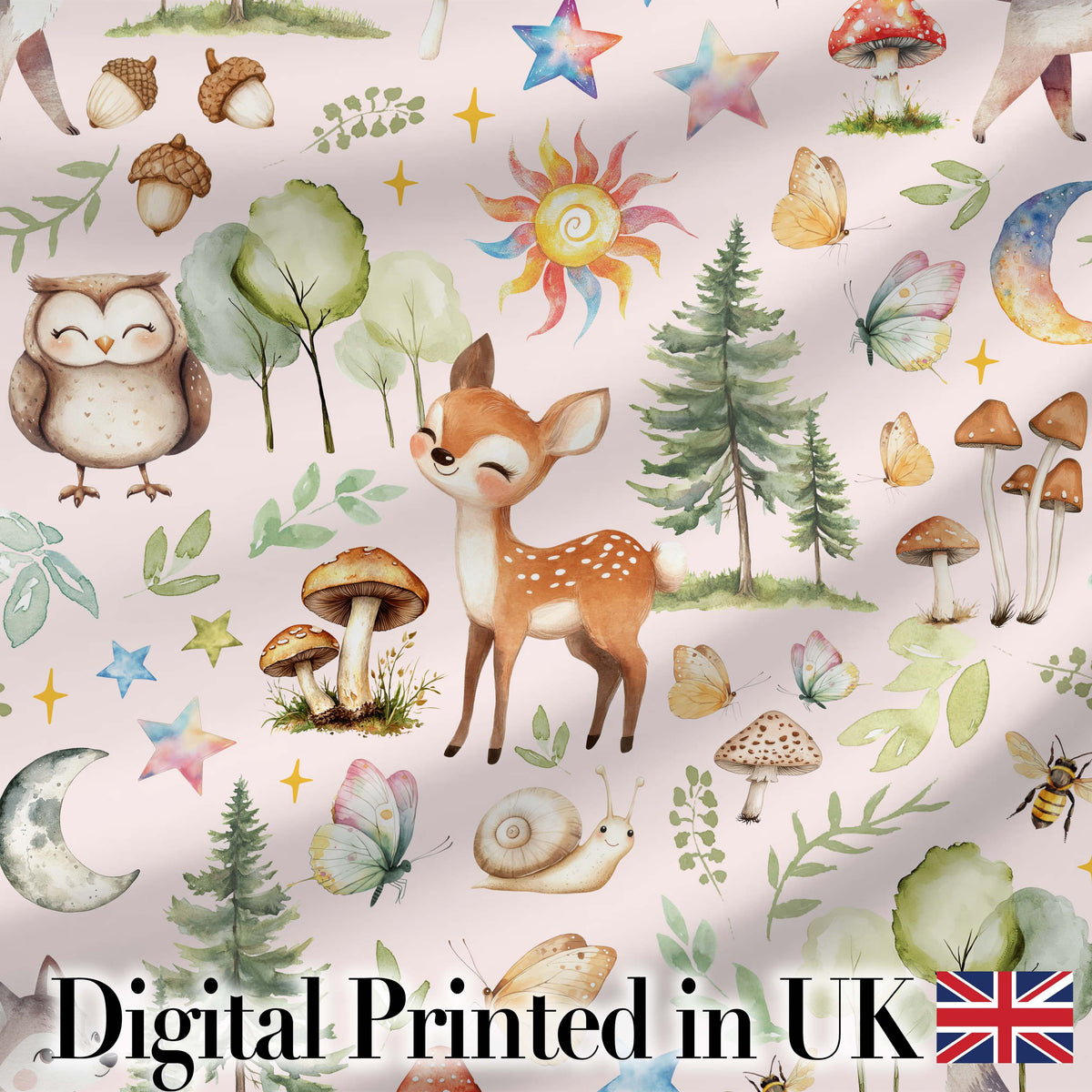 Woodland Deer Owl Mushrooms and Stars on Soft Pink  Seamless Pattern Digital Print Fabric by the Metre UK Sewing Quilting Textile