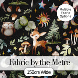 Cute Woodland Deer Owl Mushrooms and Stars on Black Background Seamless Pattern Digital Print Fabric by the Metre UK Sewing Quilting Textile